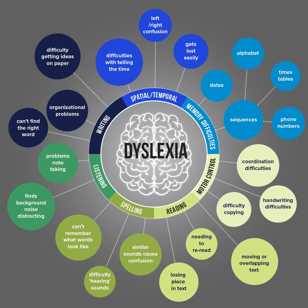 Dyslexia and associated symptoms infographic