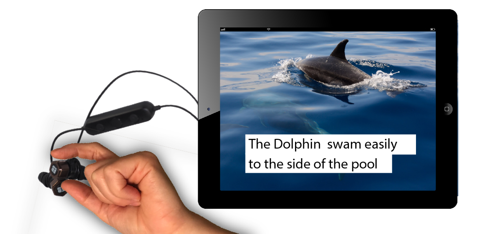 Tablet with earbuds attachedshowing image and text of adolphin