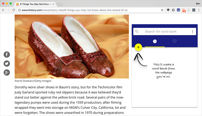 Picture of Dorothy's shoes and example of word bank creation