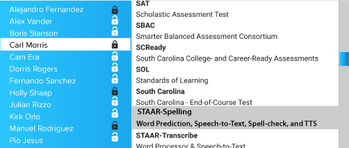 List of students with one selected on left, list of assessments with STAAR-Spelling on right selected