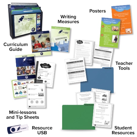 The assortment of First Author materials including Curriculum Guides, Teacher Tools, Resource USB, etc.