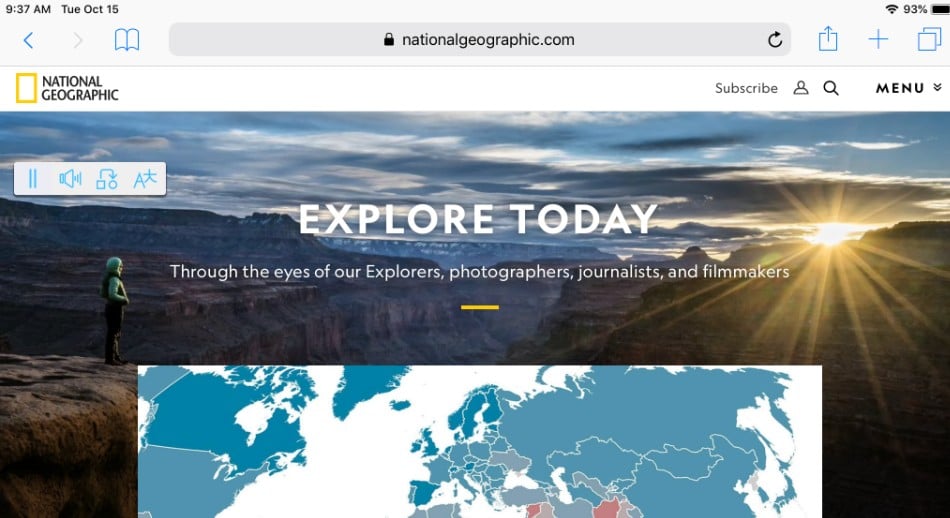 Screen Shot of the National Geographic website with the safari extension tool bar