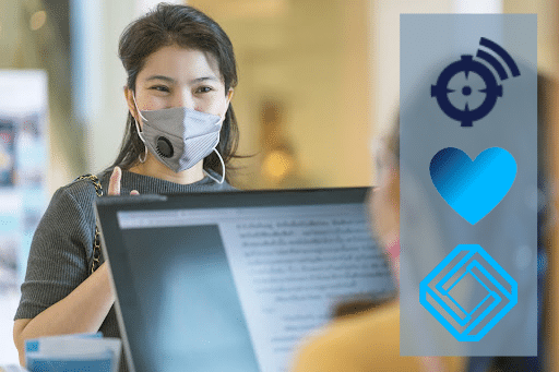 Teacher wearing mask looking at student, Banner with SNap&Read logo, a heart, and EquatIO logo