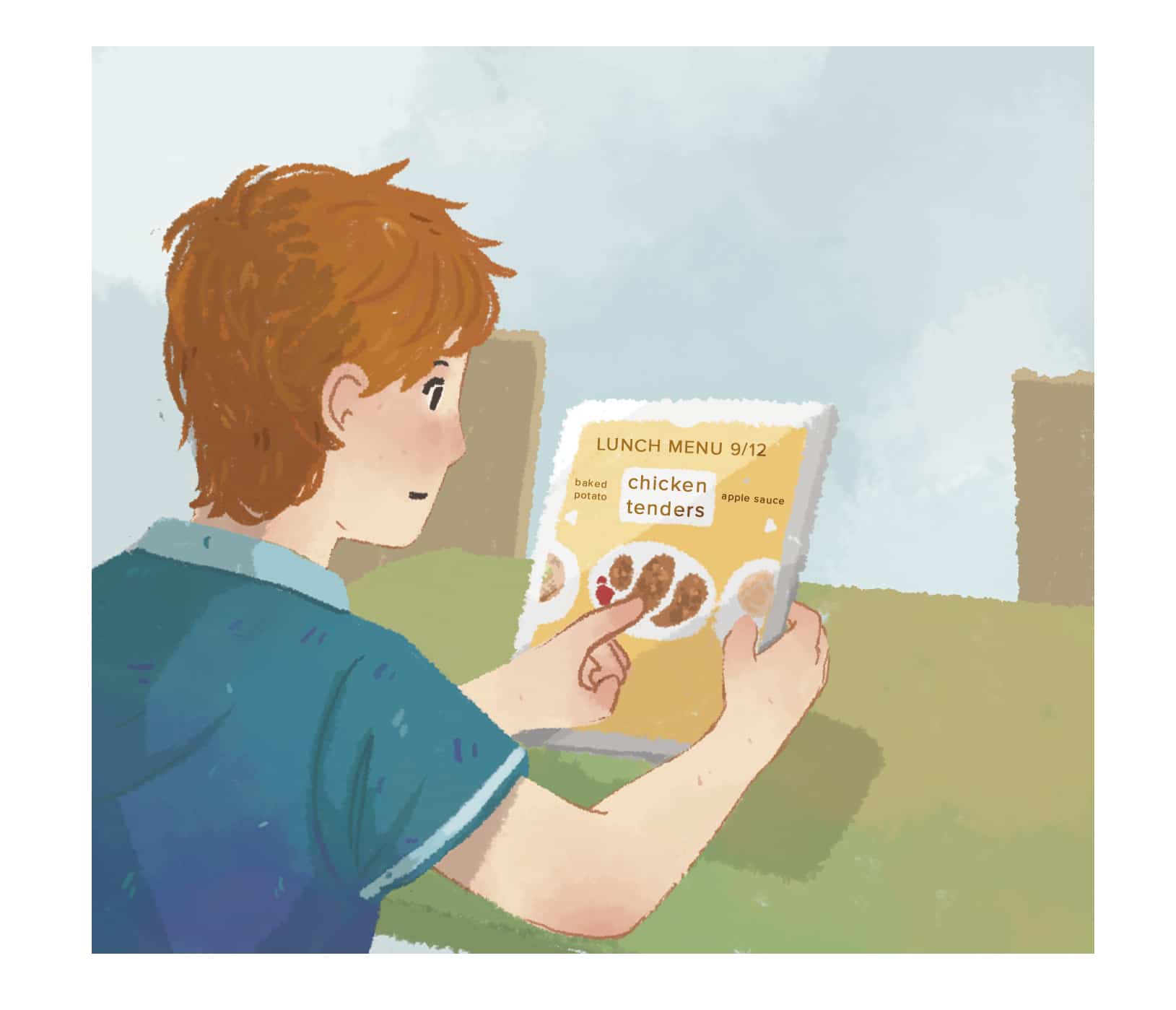 Illustration of a boy holding a food menu.