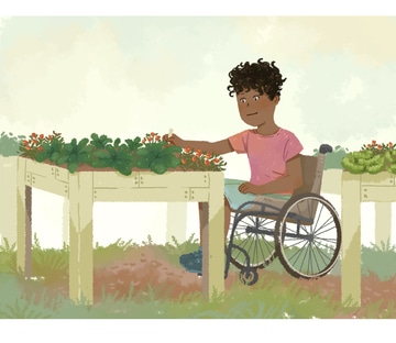 Illustration of a student in a wheelchair in a garden.