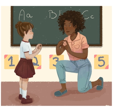 Illustration of a girl and a teacher in front of a blackboard.