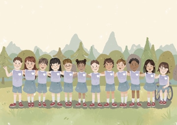 Illustration of students standing in a line together.